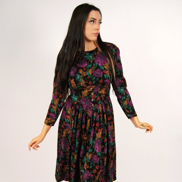 80s Floral Dress (S) button waist pleated midi small grandma witchy grunge goth - Picture 1 of 7